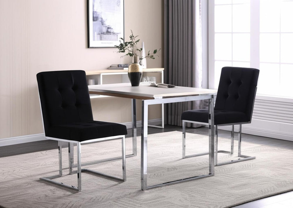 HomeRoots Set of Two Elegant Black Velvet Dining Chairs with Silver Metal Frame for Modern Living Spaces 543551