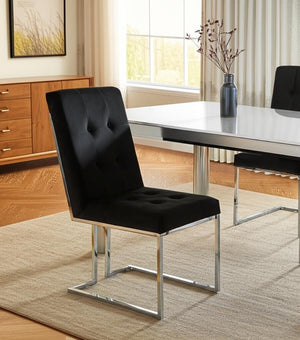 HomeRoots Set of Two Elegant Black Velvet Dining Chairs with Silver Metal Frame for Modern Living Spaces 543551