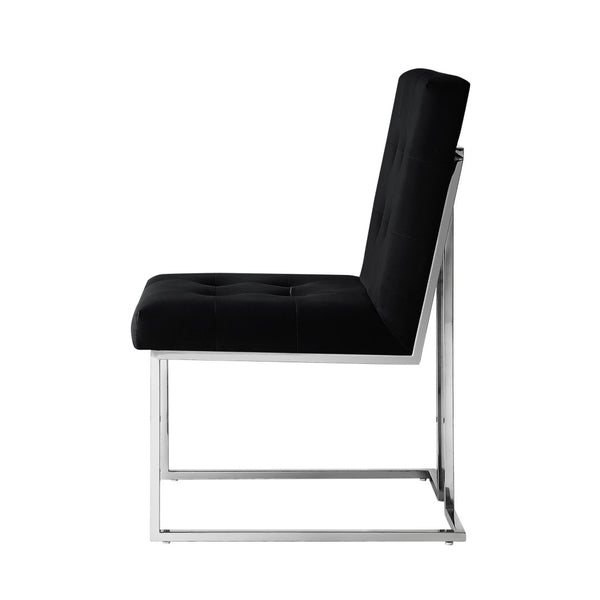 HomeRoots Set of Two Elegant Black Velvet Dining Chairs with Silver Metal Frame for Modern Living Spaces 543551