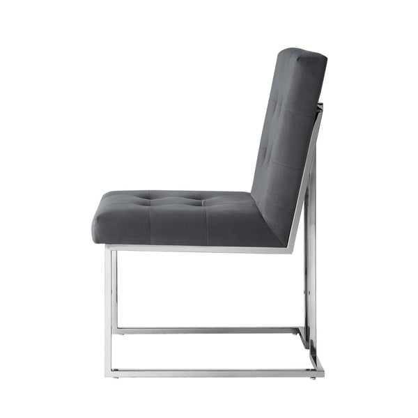 HomeRoots Set of Two Elegant Tufted Gray Velvet Dining Chairs with Silver Legs for Modern Spaces 543552