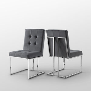 HomeRoots Set of Two Elegant Tufted Gray Velvet Dining Chairs with Silver Legs for Modern Spaces 543552