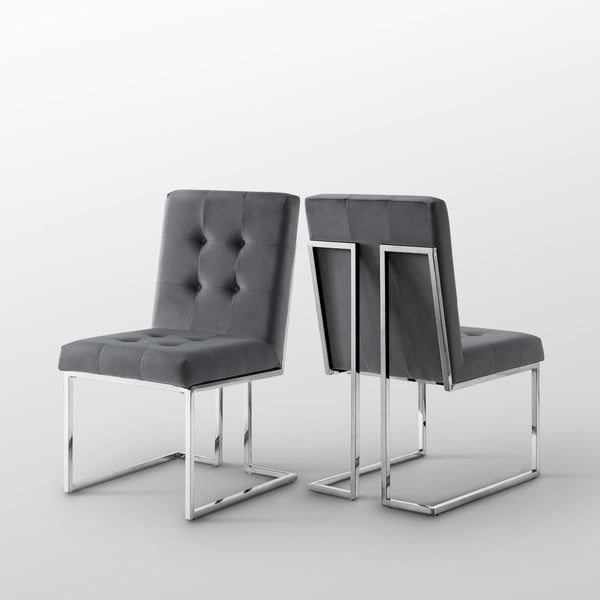 HomeRoots Set of Two Elegant Tufted Gray Velvet Dining Chairs with Silver Legs for Modern Spaces 543552