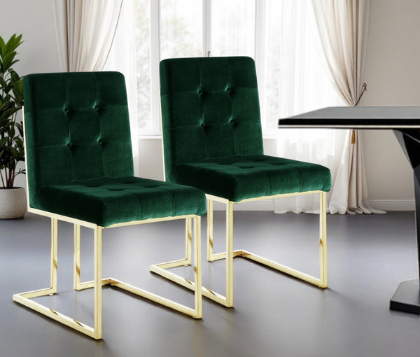 HomeRoots Set of Two Elegant Tufted Hunter Green Velvet Dining Chairs with Gold Base for Any Space 543553