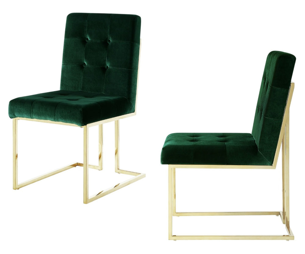 HomeRoots Set of Two Elegant Tufted Hunter Green Velvet Dining Chairs with Gold Base for Any Space 543553