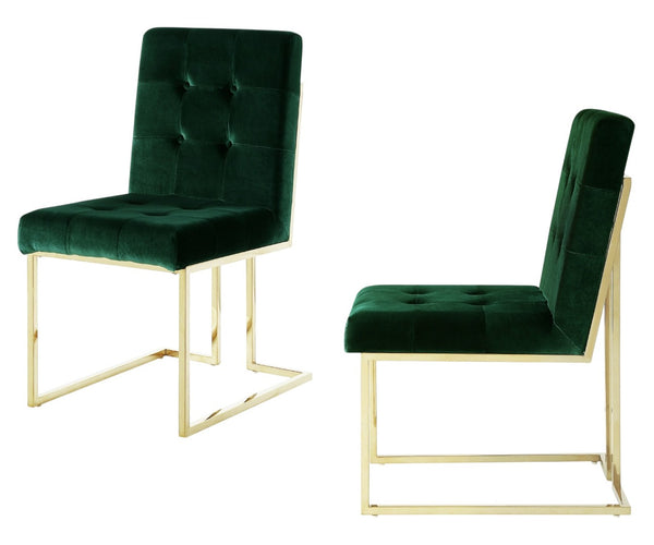 HomeRoots Set of Two Elegant Tufted Hunter Green Velvet Dining Chairs with Gold Base for Any Space 543553