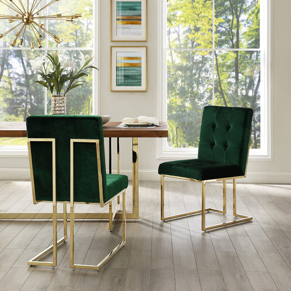 Homeroots Set Of Two Tufted Hunter Green And Gold Upholstered Velvet Dining Side Chairs  Metal 543553