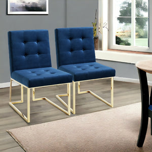 Homeroots Set Of Two Tufted Navy Blue And Gold Upholstered Velvet Dining Side Chairs  Metal 543554