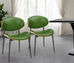 HomeRoots Set of Two Stylish Faux Leather and Wood Dining Chairs with Mid-Century Design for Versatile Use Green 543557