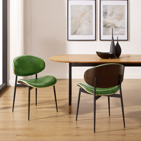 HomeRoots Set of Two Stylish Faux Leather and Wood Dining Chairs with Mid-Century Design for Versatile Use Green 543557