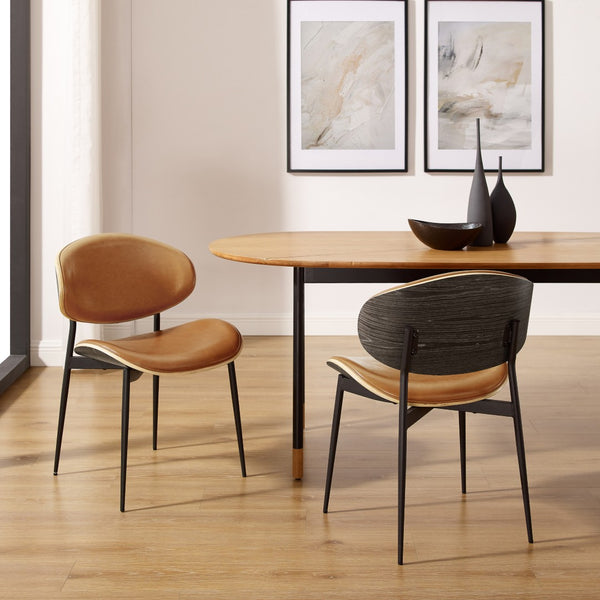 HomeRoots Set of Two Stylish Faux Leather and Wood Dining Chairs with Mid-Century Design for Versatile Use Brown 543558