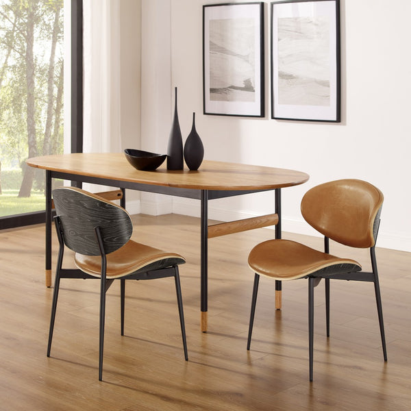 HomeRoots Set of Two Stylish Faux Leather and Wood Dining Chairs with Mid-Century Design for Versatile Use Brown 543558