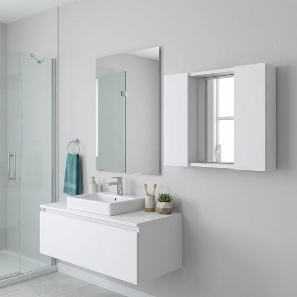 24 Inch White Wooden Wall Mount Medicine Cabinet with Double Mirrored Doors