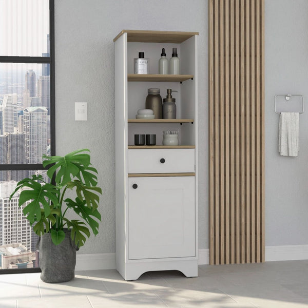HomeRoots 17" Stylish White & Natural Wood Freestanding Bathroom Vanity with Smart Storage Solutions 543598