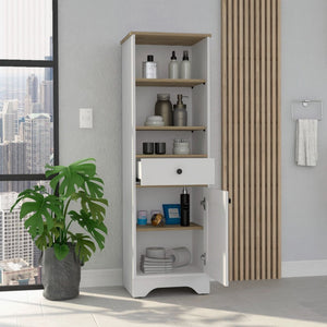 HomeRoots 17" Stylish White & Natural Wood Freestanding Bathroom Vanity with Smart Storage Solutions 543598