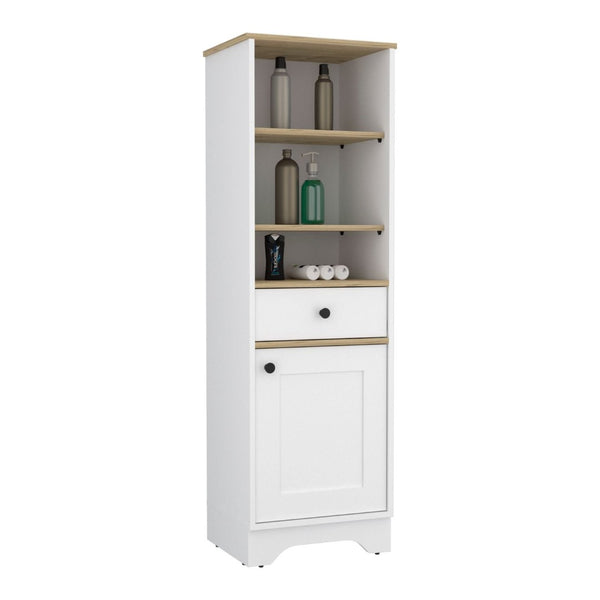 HomeRoots 17" Stylish White & Natural Wood Freestanding Bathroom Vanity with Smart Storage Solutions 543598
