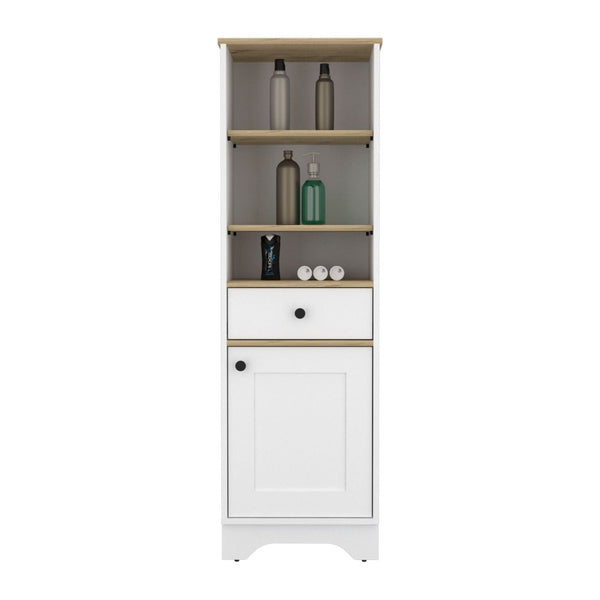 HomeRoots 17" Stylish White & Natural Wood Freestanding Bathroom Vanity with Smart Storage Solutions 543598