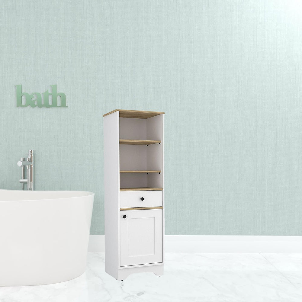 HomeRoots 17" Stylish White & Natural Wood Freestanding Bathroom Vanity with Smart Storage Solutions 543598