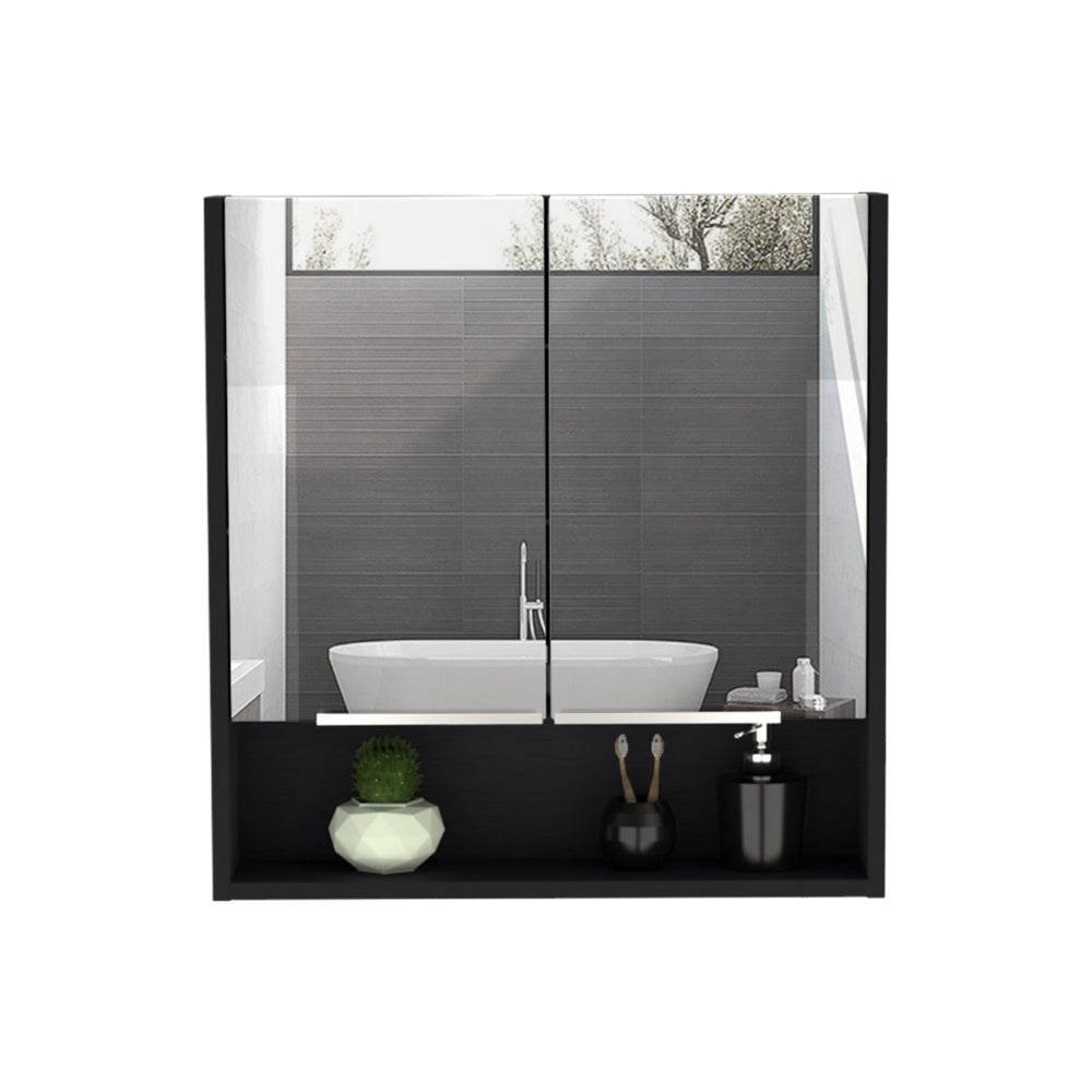 HomeRoots 24" Black Wood Floating Double Door Bathroom Vanity with Mirror - Modern Space-Saving Storage Solution 543608