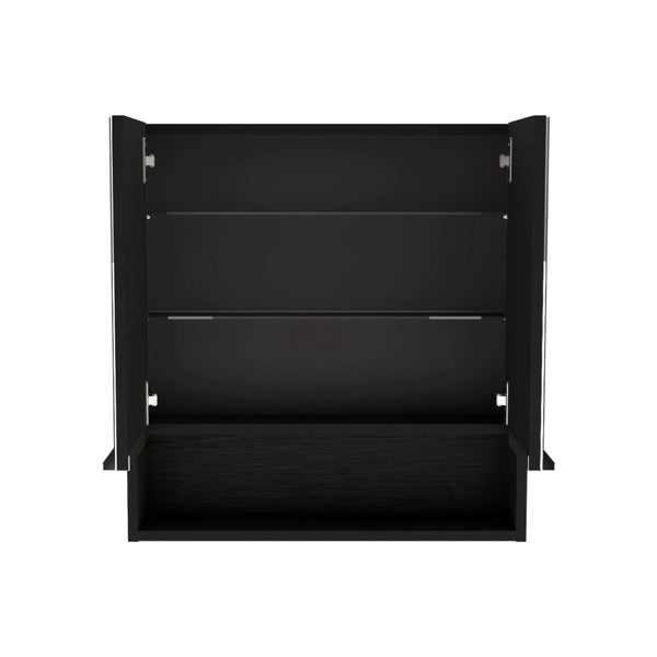 HomeRoots 24" Black Wood Floating Double Door Bathroom Vanity with Mirror - Modern Space-Saving Storage Solution 543608