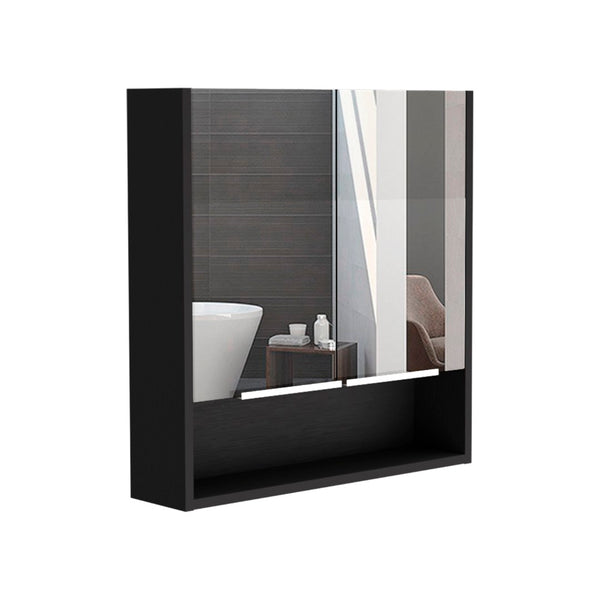 HomeRoots 24" Black Wood Floating Double Door Bathroom Vanity with Mirror - Modern Space-Saving Storage Solution 543608