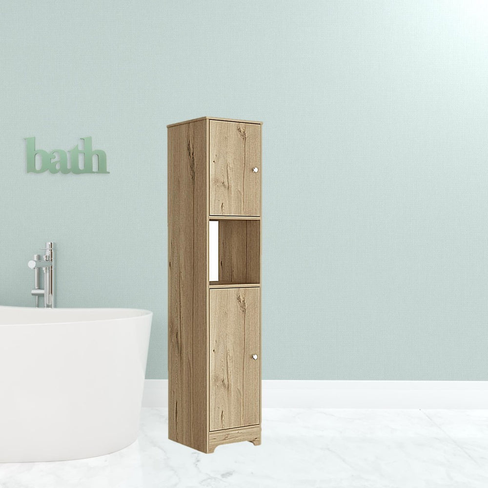 HomeRoots 14" Natural Wood Freestanding Double Door Bathroom Vanity - Stylish Compact Storage for Small Spaces 543618