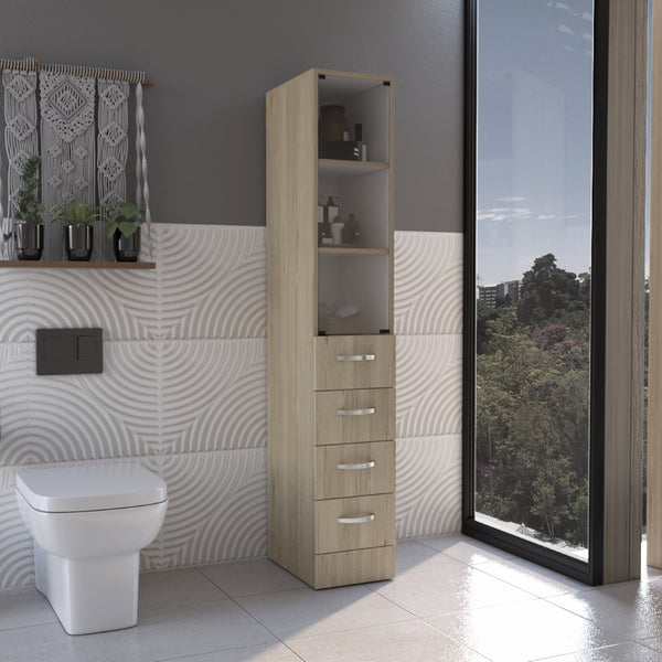 HomeRoots 12" Natural Wood Freestanding Bathroom Vanity with 4 Drawers for Modern, Compact Spaces 543621