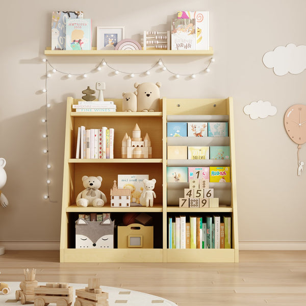 English Elm Wooden Montessori 4-Tier Kids Bookcase with 3 Deep Sling Pockets, Sturdy MDF Organizer for Playroom W2876P233535