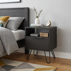 22 Inch Black Finished Wood Nightstand Compact Bedside Table for Modern Bedroom Storage