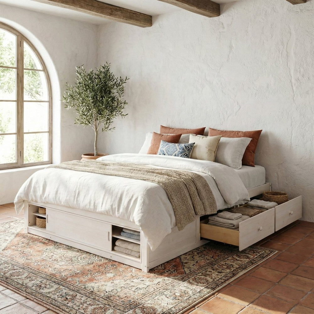 English Elm Queen Platform Bed with Four Storage Drawers Footboard Cubby Modern Low Profile Frame White LP000138AAK