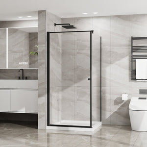 English Elm Goodyo Frameless Corner Shower Stall Tempered Glass Pivot Door with Matte Black Hardware W1223S00038