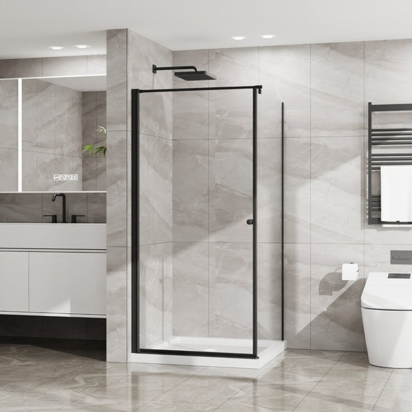 English Elm Goodyo Frameless Corner Shower Stall Tempered Glass Pivot Door with Matte Black Hardware W1223S00038