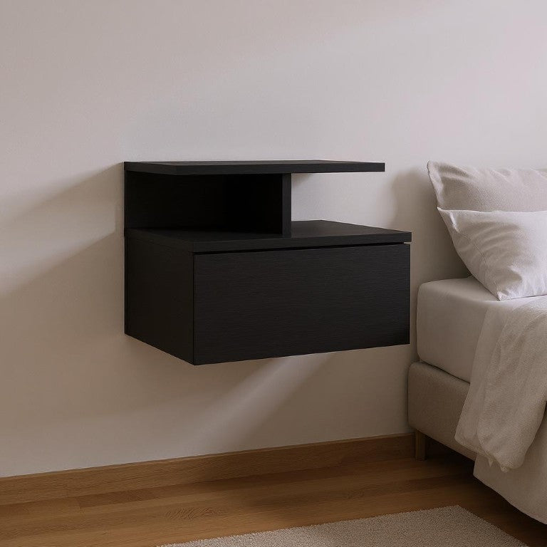 HomeRoots 12 Inch Floating Wall Mounted Nightstand with Single Drawer for Modern Bedroom Storage Black 543685