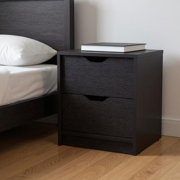 HomeRoots 19" Modern Black Two-Drawer Nightstand with Open Shelf - Compact Design for Small Spaces & Versatile Use 543691