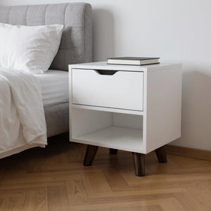 HomeRoots 19" White Wood Nightstand with Drawer and Shelf – Modern Compact Bedside Table for Small Spaces 543698