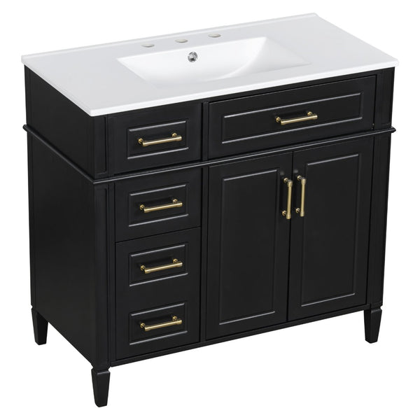 English Elm 36 Inch Freestanding Bathroom Vanity Sage Pine Cabinet Gold Hardware Ceramic Sink Black N725P366466B