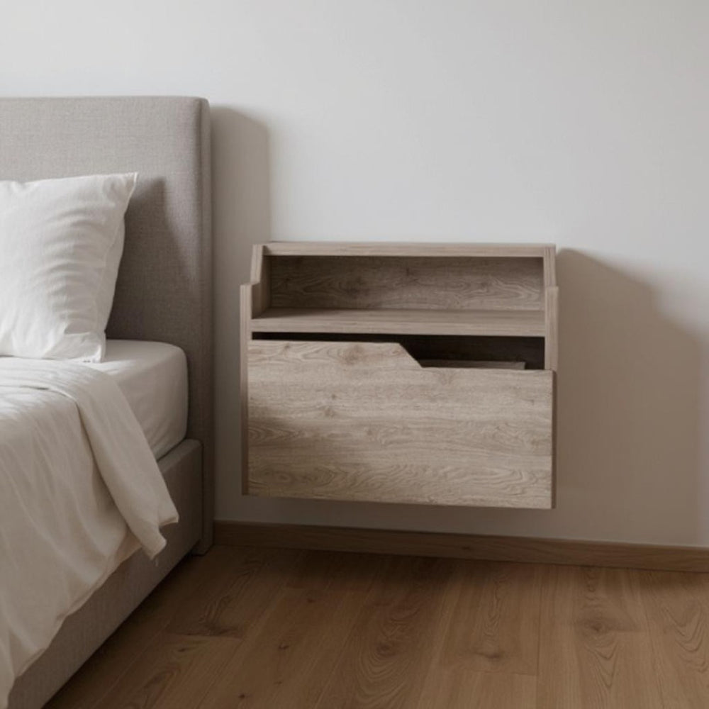 HomeRoots 13" Gray Wood Floating Nightstand - Sleek Wall-Mounted Design with One Drawer for Compact Spaces 543704