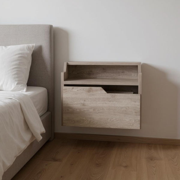 HomeRoots 13" Gray Wood Floating Nightstand - Sleek Wall-Mounted Design with One Drawer for Compact Spaces 543704