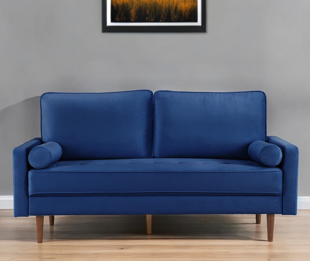 Homeroots 69" Blue Velvet Sofa And Toss Pillows With Dark Brown Legs   543706