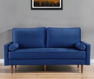 Homeroots 69" Blue Velvet Sofa And Toss Pillows With Dark Brown Legs   543706