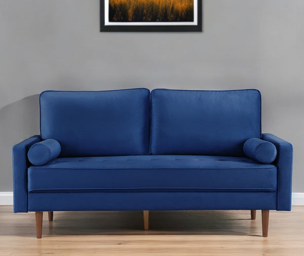Homeroots 69" Blue Velvet Sofa And Toss Pillows With Dark Brown Legs   543706