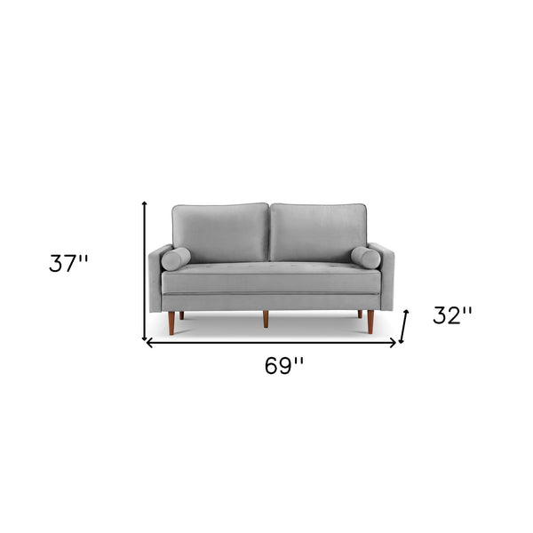Homeroots 69" Gray Velvet Sofa And Toss Pillows With Dark Brown Legs   543707