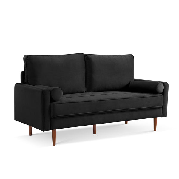 Homeroots 69" Black Velvet Sofa And Toss Pillows With Dark Brown Legs   543708