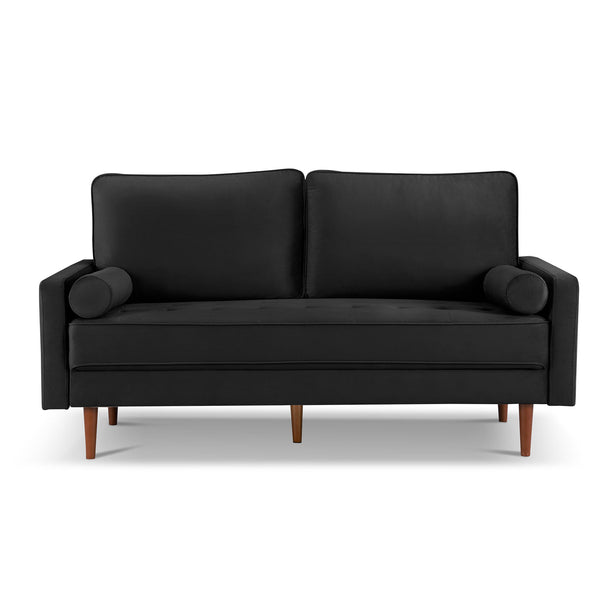 Homeroots 69" Black Velvet Sofa And Toss Pillows With Dark Brown Legs   543708