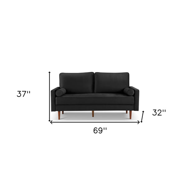 Homeroots 69" Black Velvet Sofa And Toss Pillows With Dark Brown Legs   543708