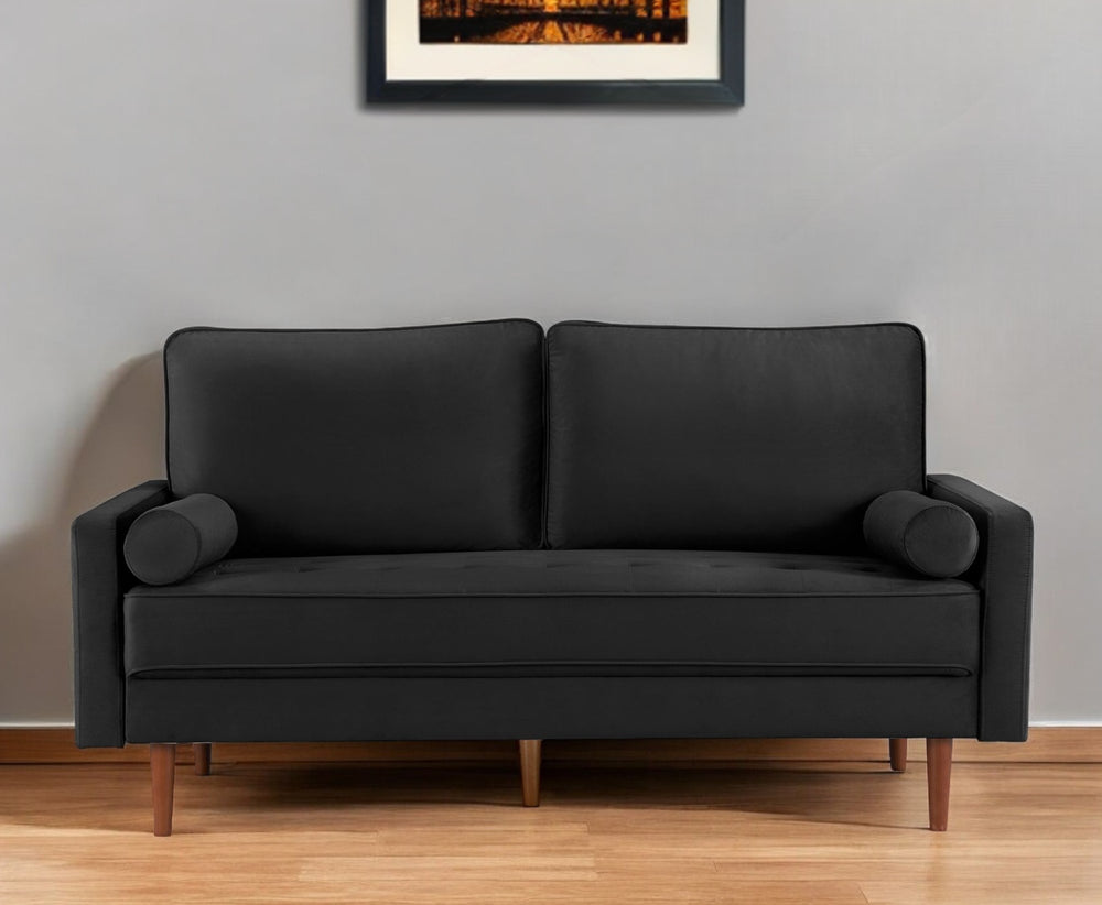 Homeroots 69" Black Velvet Sofa And Toss Pillows With Dark Brown Legs   543708