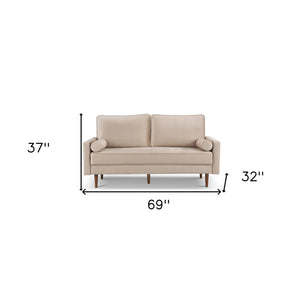 Homeroots 69" Beige Velvet Sofa And Toss Pillows With Dark Brown Legs   543709