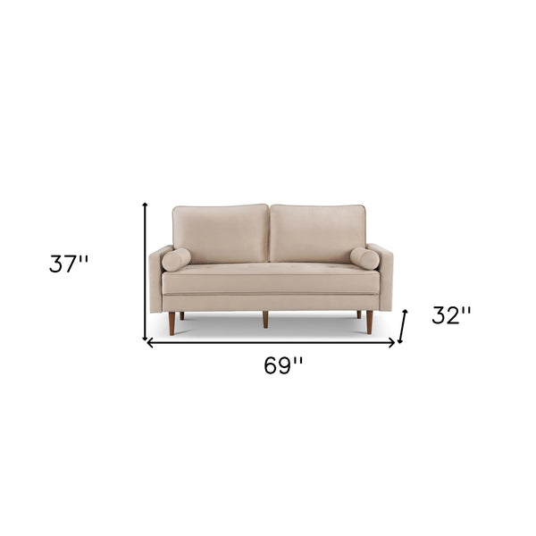 Homeroots 69" Beige Velvet Sofa And Toss Pillows With Dark Brown Legs   543709