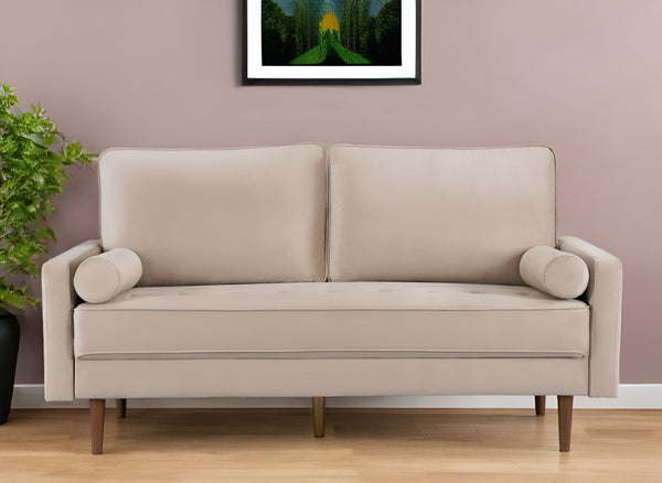 Homeroots 69" Beige Velvet Sofa And Toss Pillows With Dark Brown Legs   543709