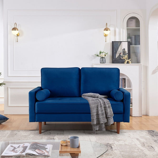 HomeRoots 57" Luxurious Blue Velvet Loveseat with Dark Brown Legs & 2 Bolster Pillows - Chic Comfort for Any Space 543710