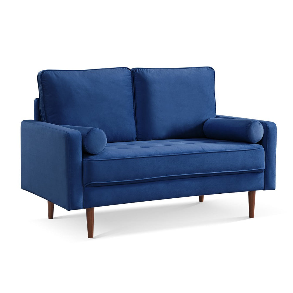 HomeRoots 57" Luxurious Blue Velvet Loveseat with Dark Brown Legs & 2 Bolster Pillows - Chic Comfort for Any Space 543710